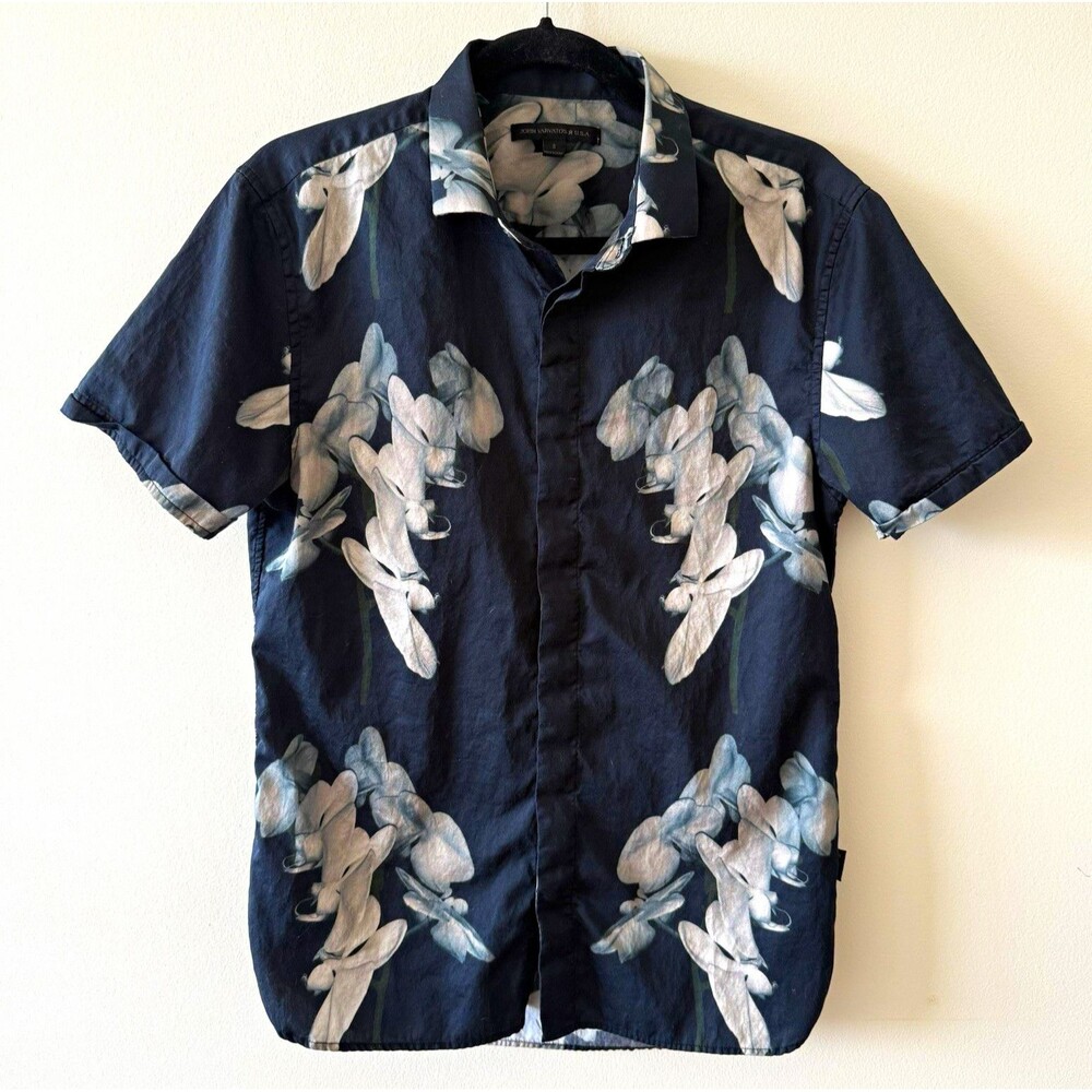 John Varvatos USA Mens S Short Sleeve Floral Button Up Shirt Black Gray Abstract